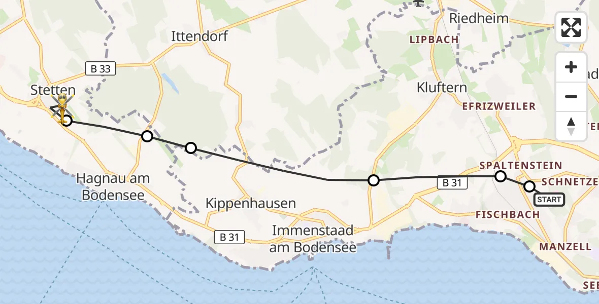 Flugroute Rettungshubschrauber Friedrichshafen Hospital - Stetten, 24 Juli 2026, 06:18