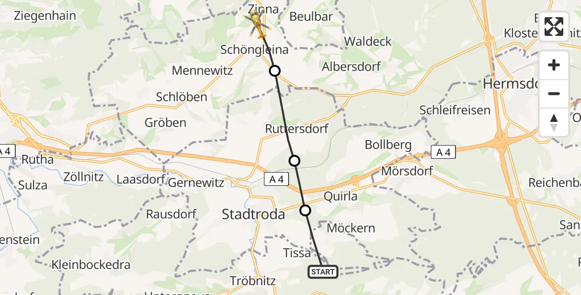 Flugroute Rettungshubschrauber Tissa - Schöngleina, 24 Juli 2026, 06:22