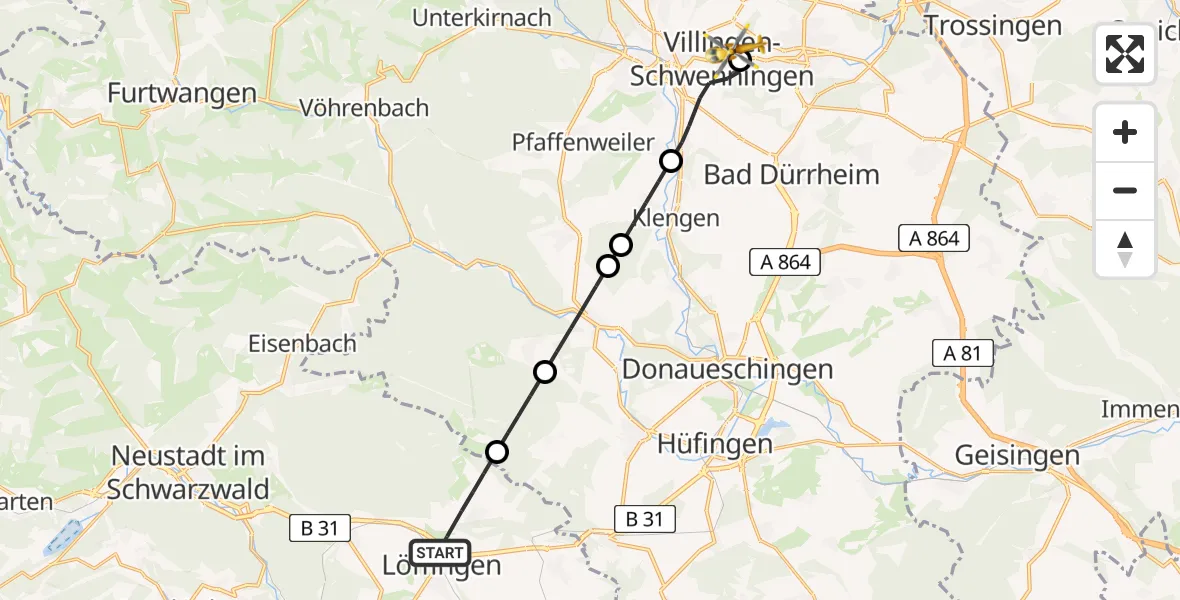 Flugroute Ambulanzhubschrauber Löffingen - DRF Air Rescue Station Villingen-Schwenningen Hubschrauberlandeplatz (Christoph 11), 24 Juli 2026, 06:23