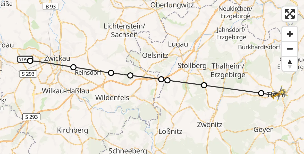Flugroute Rettungshubschrauber ADAC Air Rescue Station Zwickau Hubschrauberlandeplatz - Thum, 24 Juli 2026, 06:36