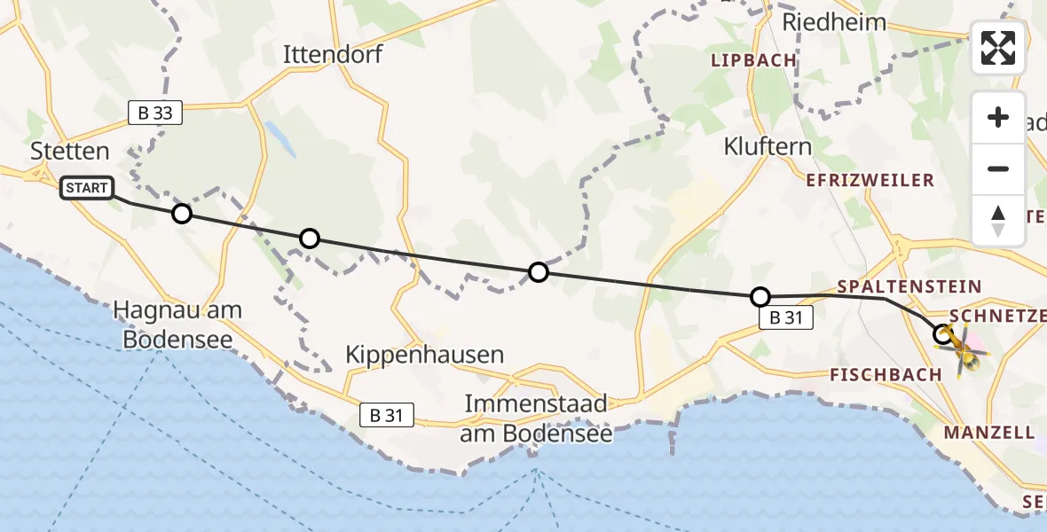 Flugroute Rettungshubschrauber Stetten - Friedrichshafen Hospital, 24 Juli 2026, 06:39
