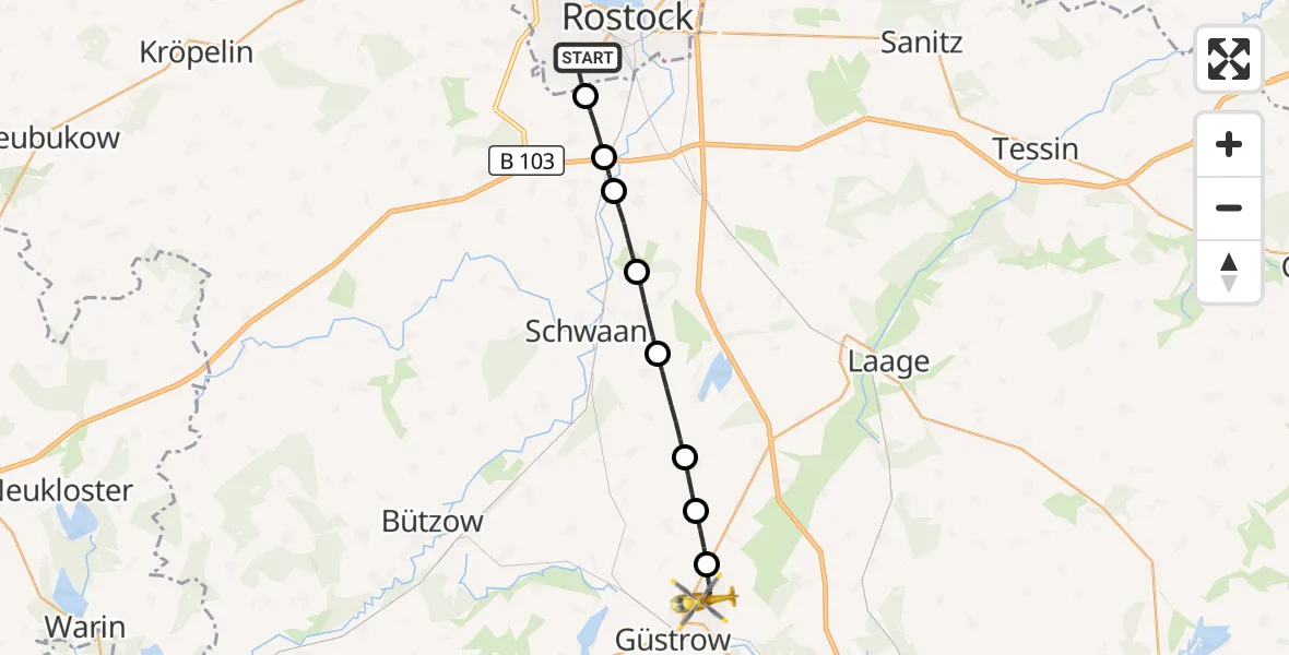 Flugroute Rettungshubschrauber Rostock - Güstrow, 24 Juli 2026, 06:39