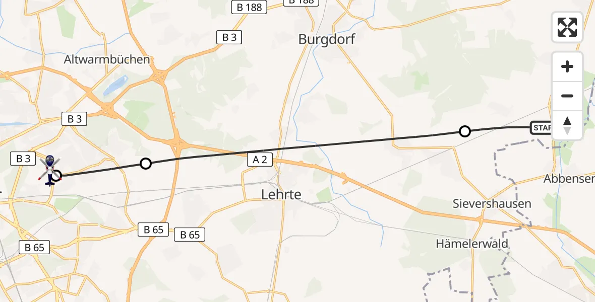 Flugroute Polizeihubschrauber Uetze - Hannover Luftrettung Hubschrauberlandeplatz (Christoph 4), 24 Juli 2026, 06:44
