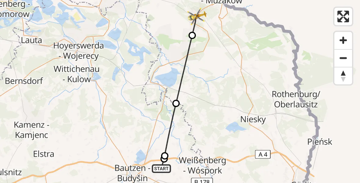 Flugroute Rettungshubschrauber Bautzen Flugplatz - Weißwasser/O.L., 24 Juli 2026, 06:49