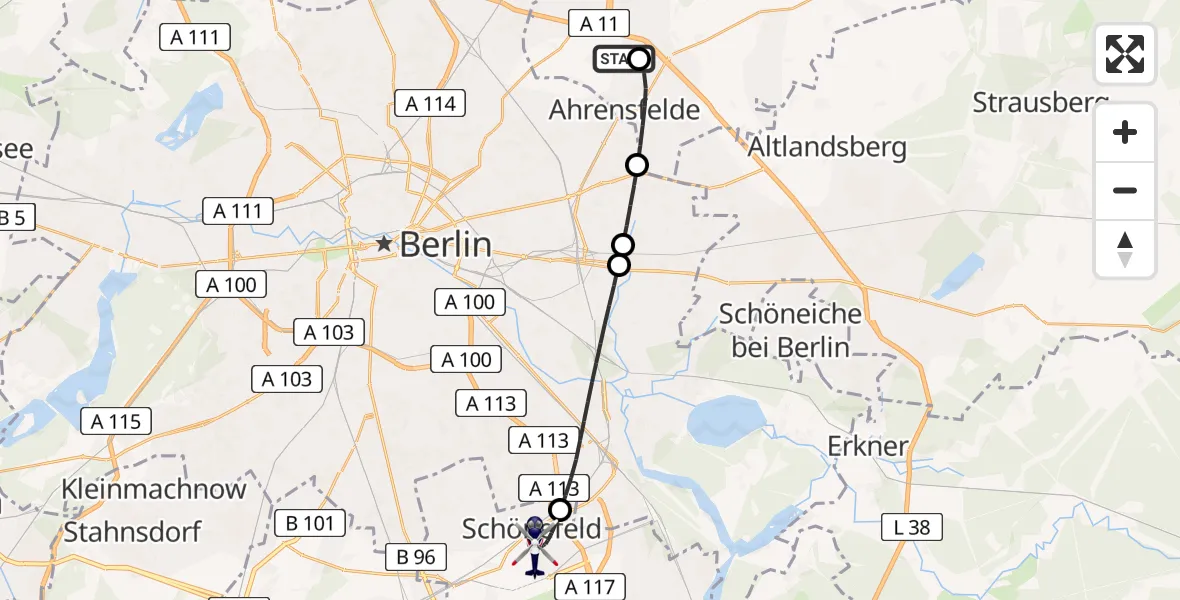 Flugroute Polizeihubschrauber Ahrensfelde Hubschrauberlandeplatz - Schönefeld, 24 Juli 2026, 06:52