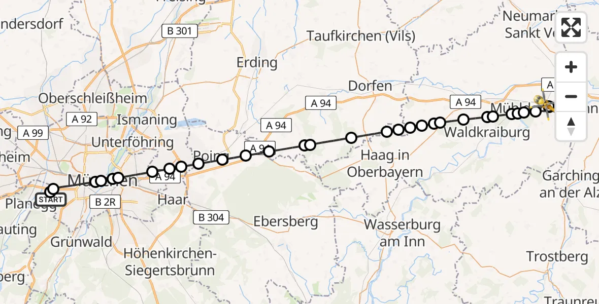 Flugroute Rettungshubschrauber DRF Air Rescue München Hubschrauberlandeplatz - Mühldorf am Inn Hospital, 24 Juli 2026, 06:58