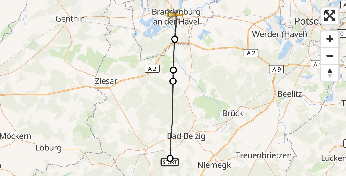 Flugroute Rettungshubschrauber Wiesenburg/Mark - Brandenburg an der Havel, 24 Juli 2026, 07:09