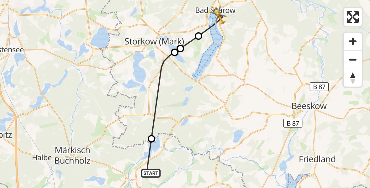 Flugroute Rettungshubschrauber Märkische Heide - Bad Saarow Hospital, 24 Juli 2026, 07:15