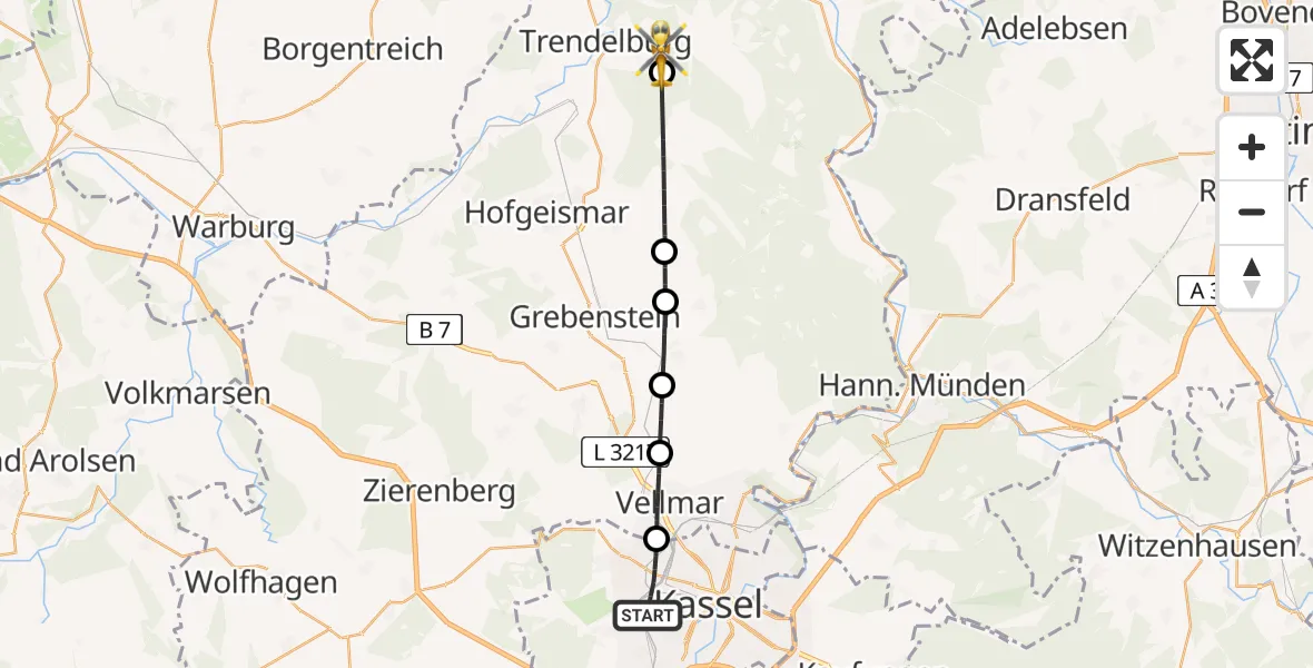 Flugroute Rettungshubschrauber Kassel - Trendelburg, 24 Juli 2026, 07:19