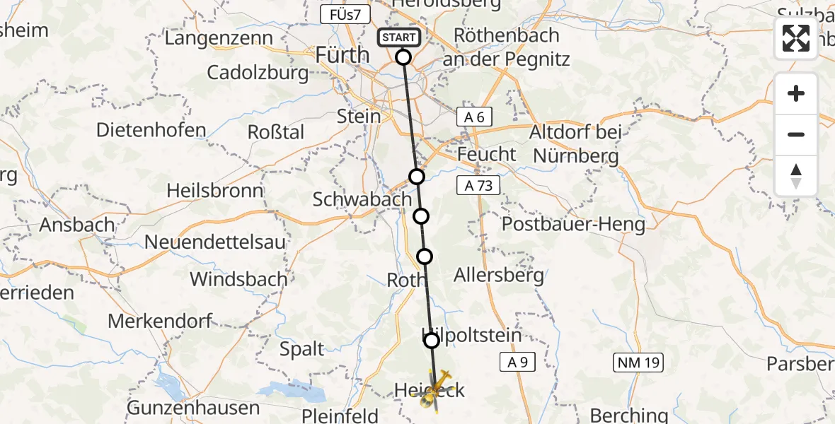 Flugroute Ambulanzhubschrauber Flughafen Nuremberg - Heideck, 24 Juli 2026, 07:23