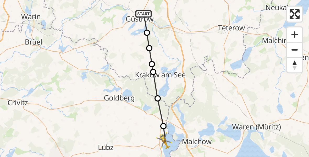 Flugroute Rettungshubschrauber Güstrow - Plau am See, 24 Juli 2026, 07:25