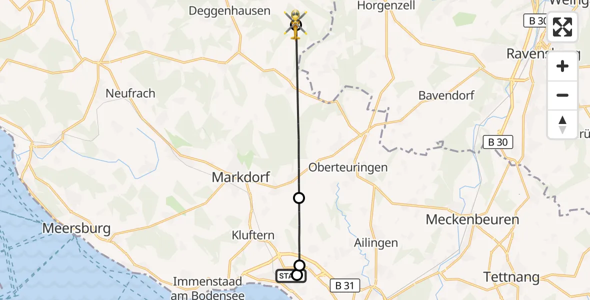 Flugroute Rettungshubschrauber Friedrichshafen Hospital - Deggenhausertal, 24 Juli 2026, 07:29