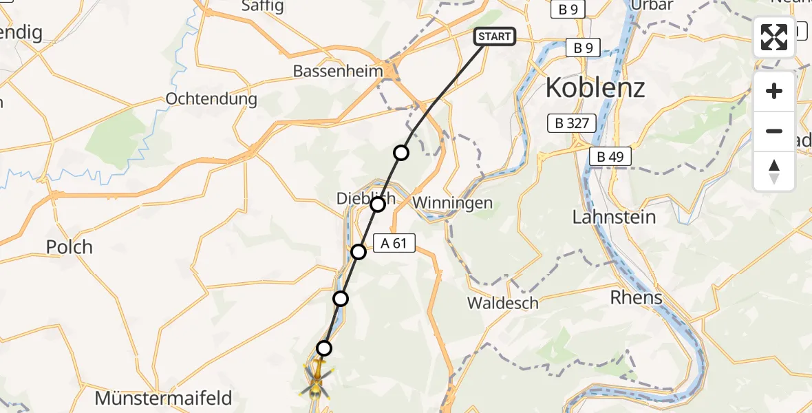 Flugroute Rettungshubschrauber Koblenz - Alken, 24 Juli 2026, 07:38