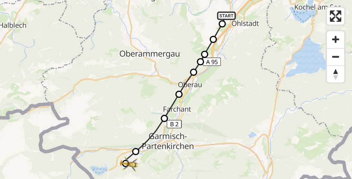 Flugroute Rettungshubschrauber Murnau a.Staffelsee - Brandweg Hubschrauberlandeplatz, 24 Juli 2026, 07:41