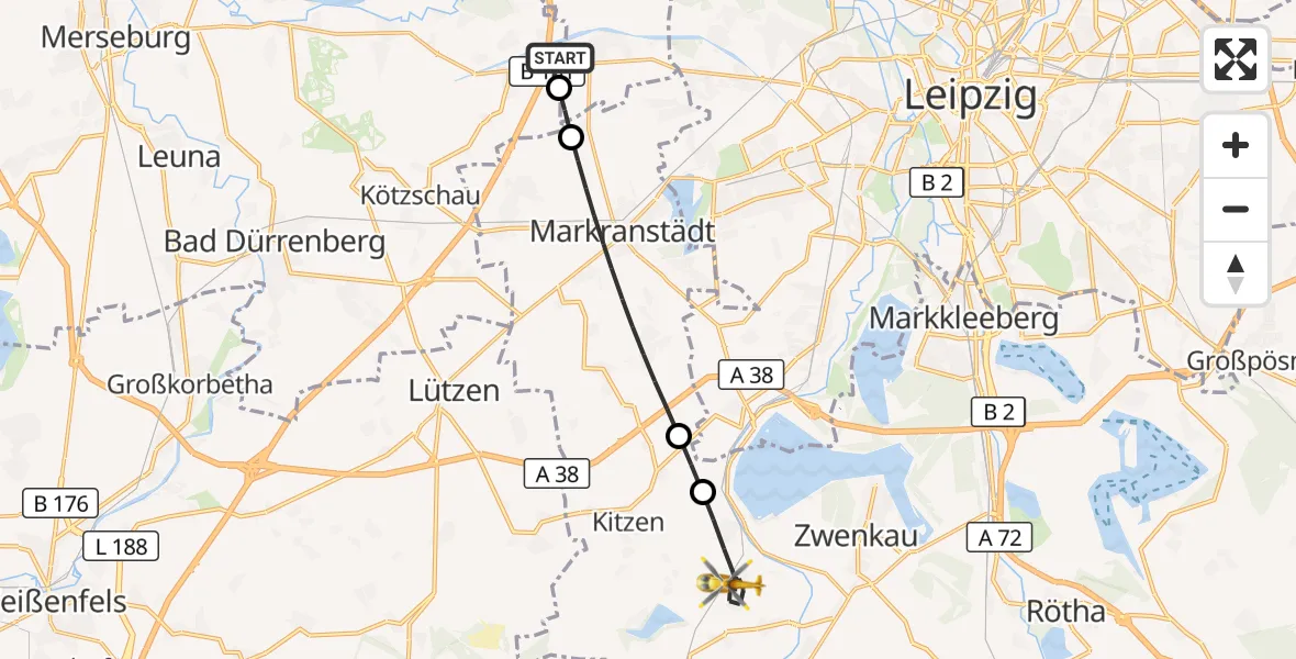 Flugroute Rettungshubschrauber ADAC Air Rescue Station Leipzig/Schkeuditz-Dölzig Hubschrauberlandeplatz (Christoph 61) - Zwenkau, 24 Juli 2026, 07:41