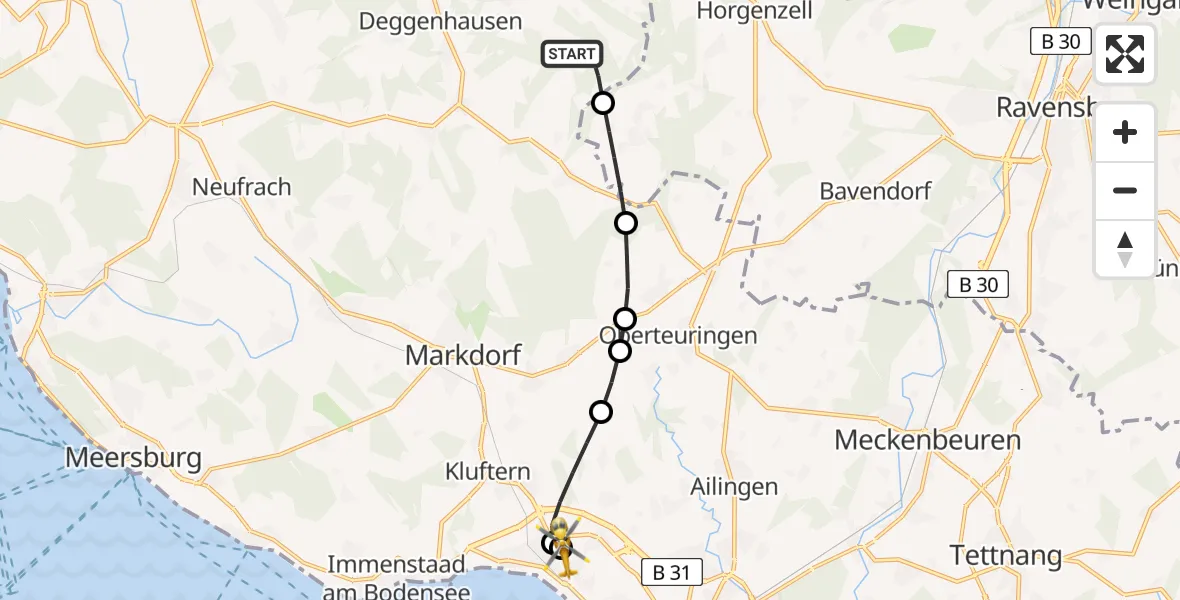Flugroute Rettungshubschrauber Deggenhausertal - Friedrichshafen Hospital, 24 Juli 2026, 07:57