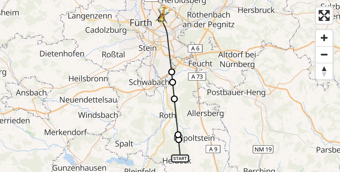 Flugroute Ambulanzhubschrauber Heideck - Flughafen Nuremberg, 24 Juli 2026, 08:00
