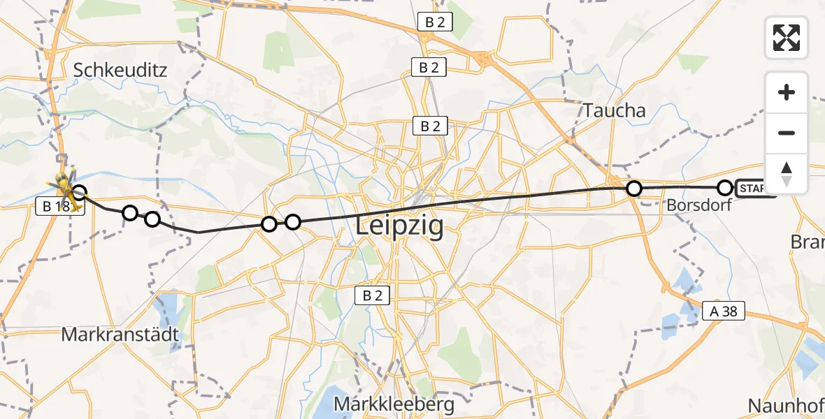 Flugroute Rettungshubschrauber Machern - ADAC Air Rescue Station Leipzig/Schkeuditz-Dölzig Hubschrauberlandeplatz (Christoph 61), 24 Juli 2026, 08:00