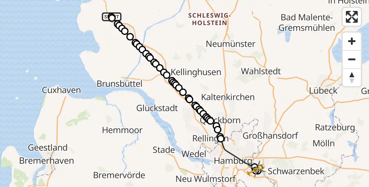 Flugroute Ambulanzhubschrauber Heide - Christoph Hansa ADAC Hubschrauberlandeplatz, 24 Juli 2026, 08:03
