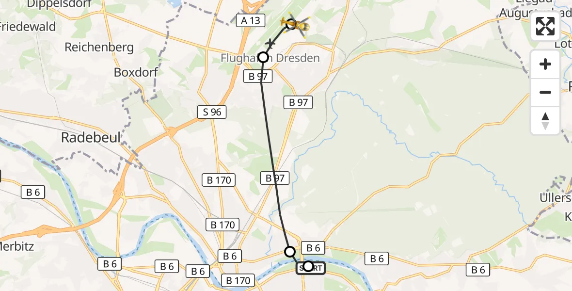Flugroute Rettungshubschrauber Dresden University Hospital - Dresden Bundespolizei Hubschrauberlandeplatz, 24 Juli 2026, 08:05