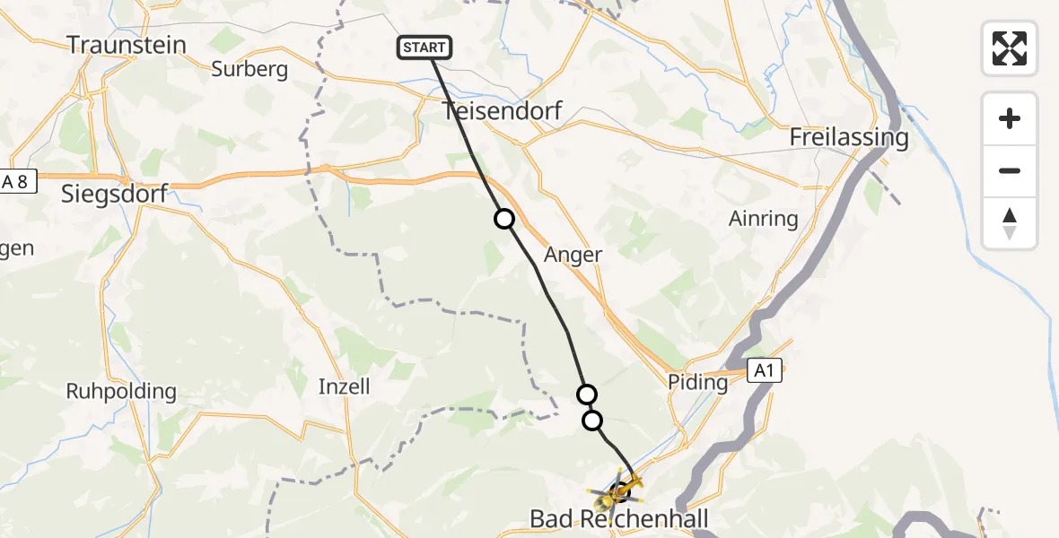 Flugroute Rettungshubschrauber Teisendorf - Bad Reichenhall Krankenhaus Hubschrauberlandeplatz, 24 Juli 2026, 08:09