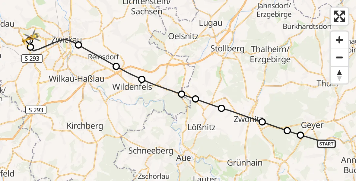 Flugroute Rettungshubschrauber Tannenberg - ADAC Air Rescue Station Zwickau Hubschrauberlandeplatz, 24 Juli 2026, 08:09