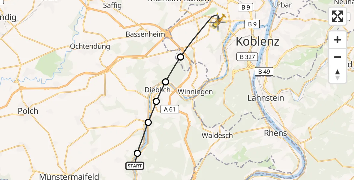 Flugroute Rettungshubschrauber Oberfell - Koblenz, 24 Juli 2026, 08:11