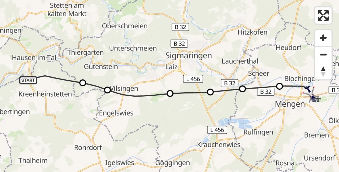 Flugroute Polizeihubschrauber Leibertingen - Mengen-Hohentengen Flugplatz, 24 Juli 2026, 08:12