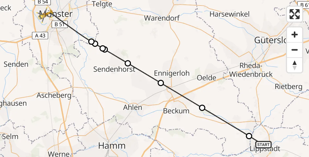 Flugroute Ambulanzhubschrauber Lippstadt - Münster, 24 Juli 2026, 08:12