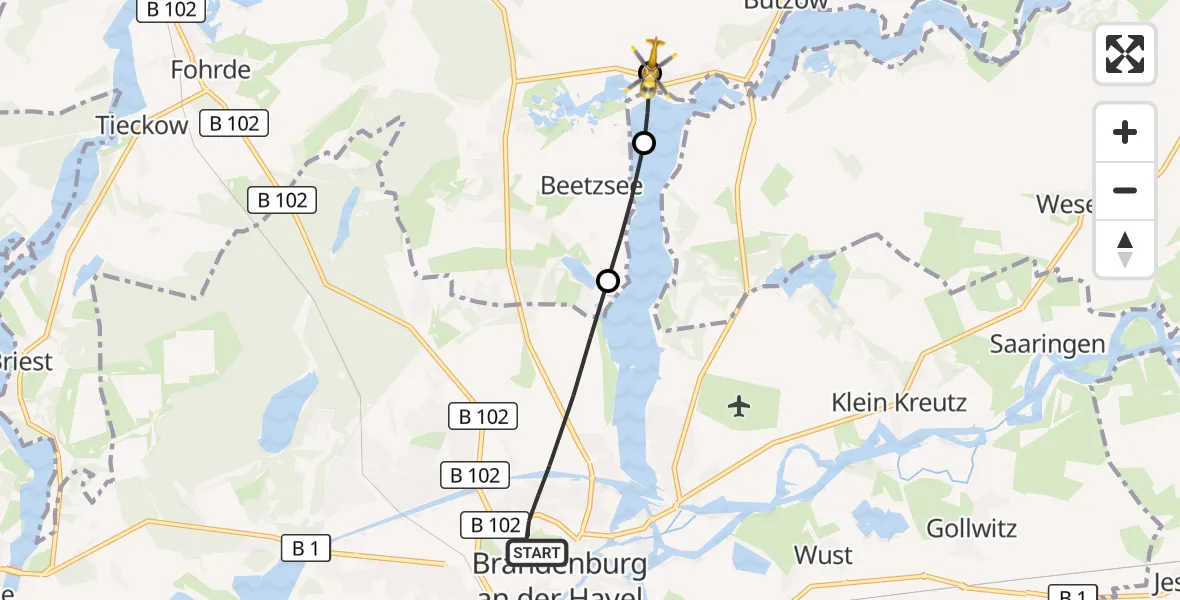 Flugroute Rettungshubschrauber Brandenburg an der Havel - Beetzsee, 24 Juli 2026, 08:14