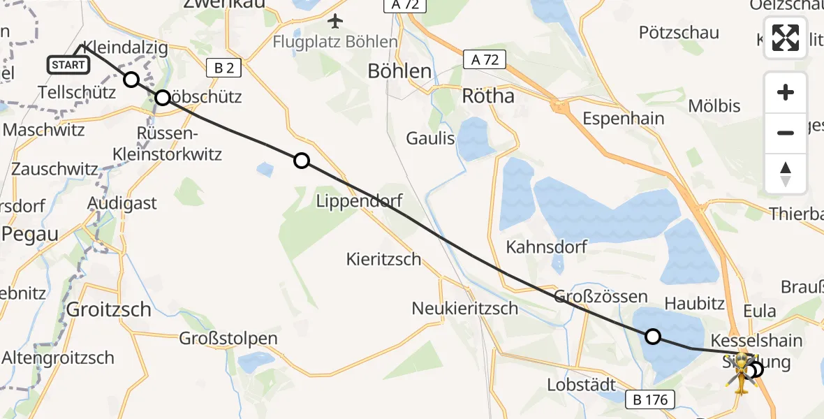 Flugroute Rettungshubschrauber Zwenkau - Sana Hospital Borna, 24 Juli 2026, 08:18