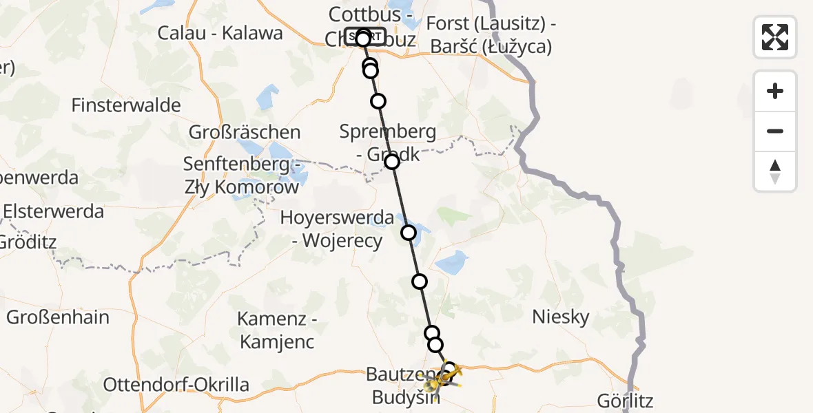 Flugroute Rettungshubschrauber Carl Thien Hospital Cottbus - Bautzen Flugplatz, 24 Juli 2026, 08:23