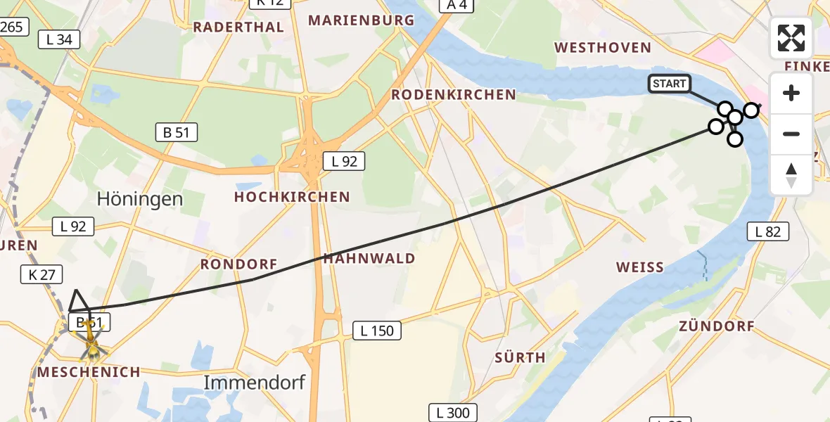 Flugroute Rettungshubschrauber Köln - Köln, 24 Juli 2026, 08:27