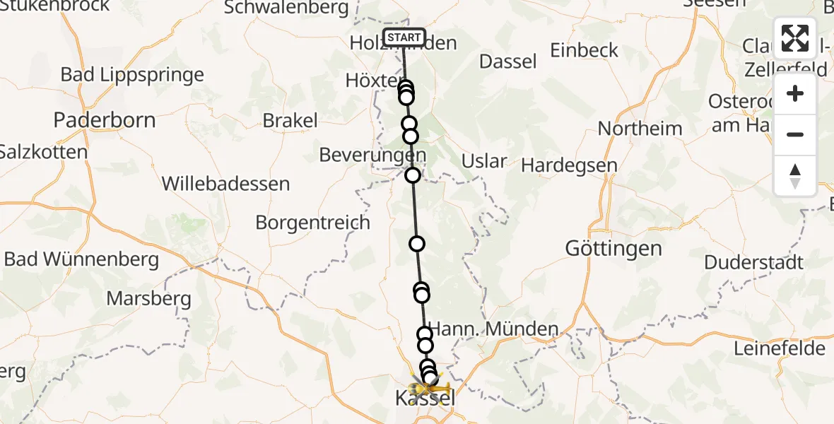 Flugroute Rettungshubschrauber Holzminden - Kassel, 24 Juli 2026, 08:28