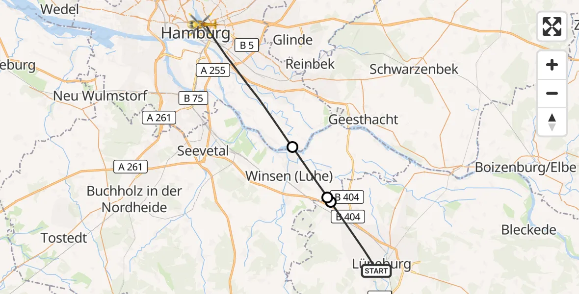 Flugroute Ambulanzhubschrauber Lüneburg - Hamburg, 24 Juli 2026, 08:34