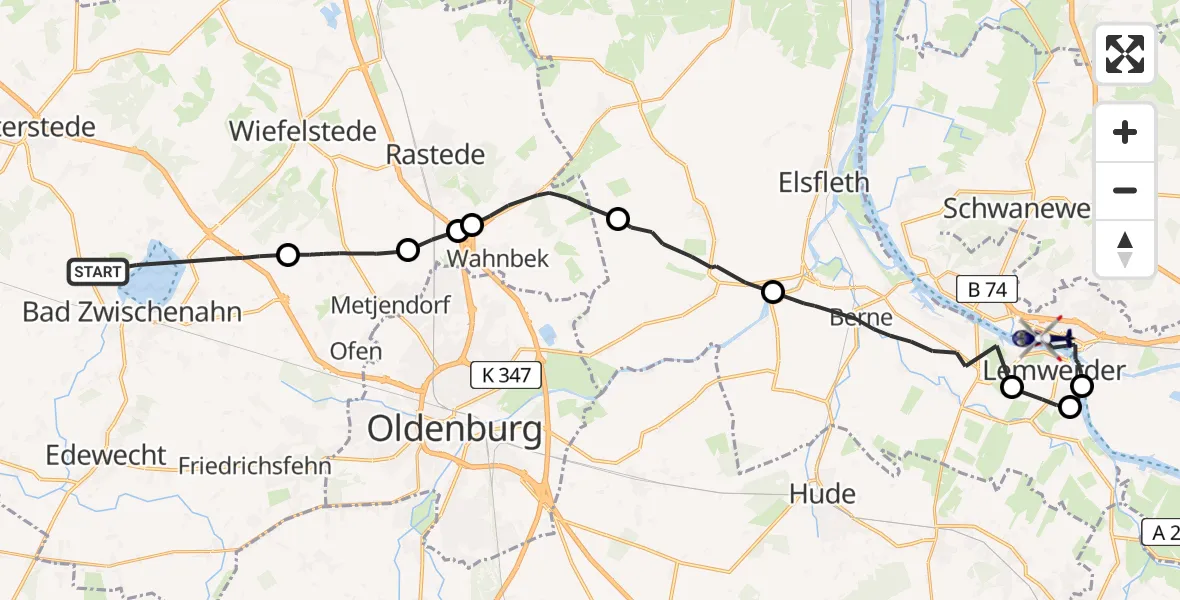 Flugroute Polizeihubschrauber Bad Zwischenahn - Bremen, 24 Juli 2026, 08:39