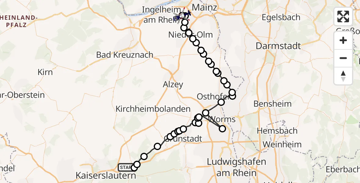 Flugroute Polizeihubschrauber Enkenbach-Alsenborn - Mainz-Finthen Flugplatz, 24 Juli 2026, 08:39