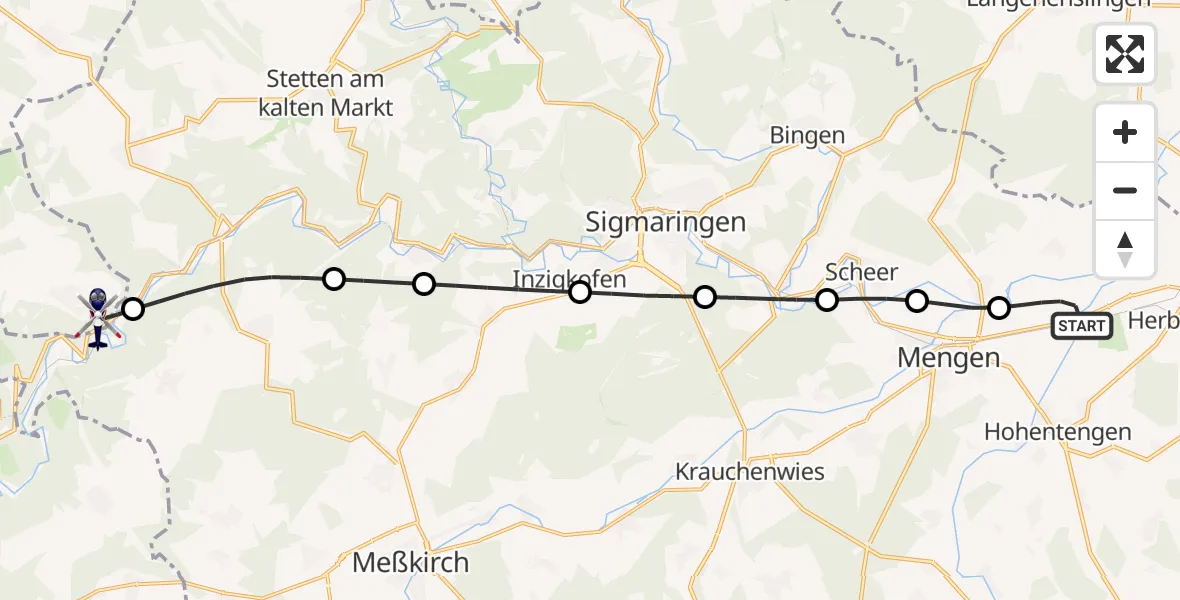 Flugroute Polizeihubschrauber Mengen-Hohentengen Flugplatz - Irndorf, 24 Juli 2026, 08:45