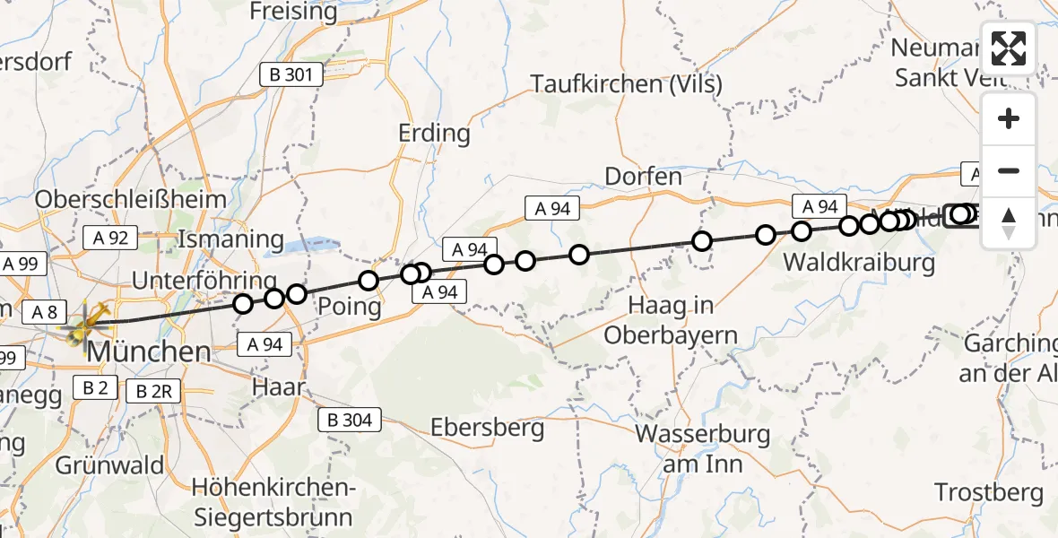 Flugroute Rettungshubschrauber Mühldorf am Inn Hospital - München, 24 Juli 2026, 08:56