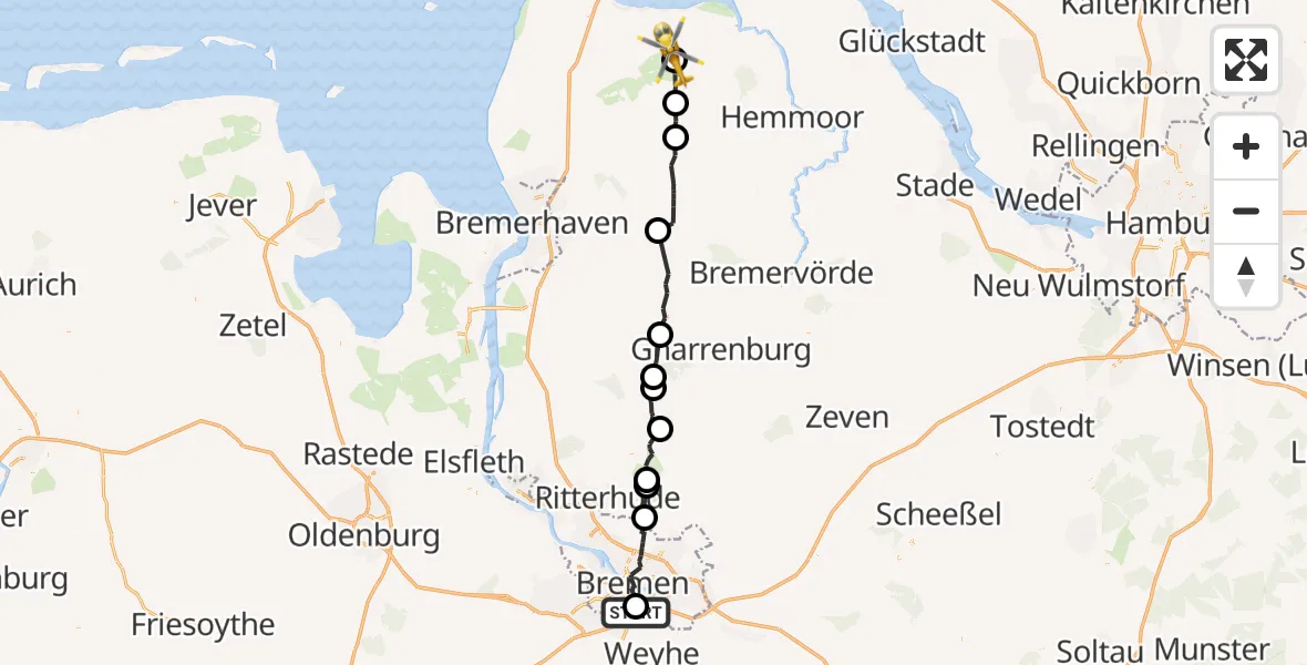 Flugroute Rettungshubschrauber ADAC Air Rescue Station Bremen Hubschrauberlandeplatz (Christoph 6) - Neuenkirchen, 24 Juli 2026, 09:04