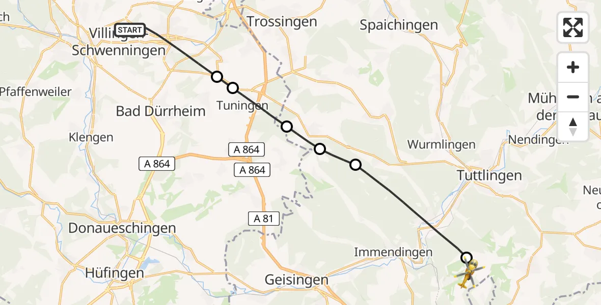 Flugroute Ambulanzhubschrauber Villingen-Schwenningen - Immendingen, 24 Juli 2026, 09:07