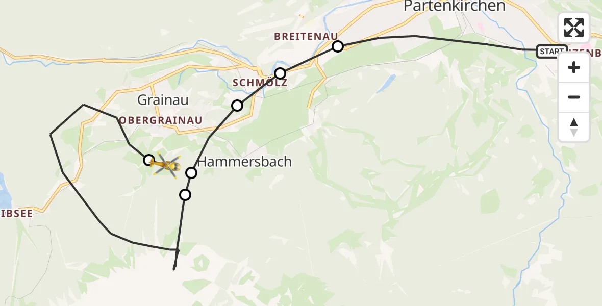Flugroute Rettungshubschrauber Garmisch-Partenkirchen - Brandweg Hubschrauberlandeplatz, 24 Juli 2026, 09:09