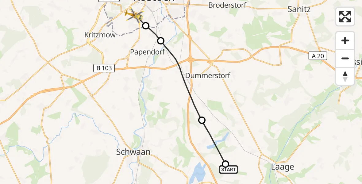 Flugroute Rettungshubschrauber Flughafen Rostock-Laage - Rostock, 24 Juli 2026, 09:15