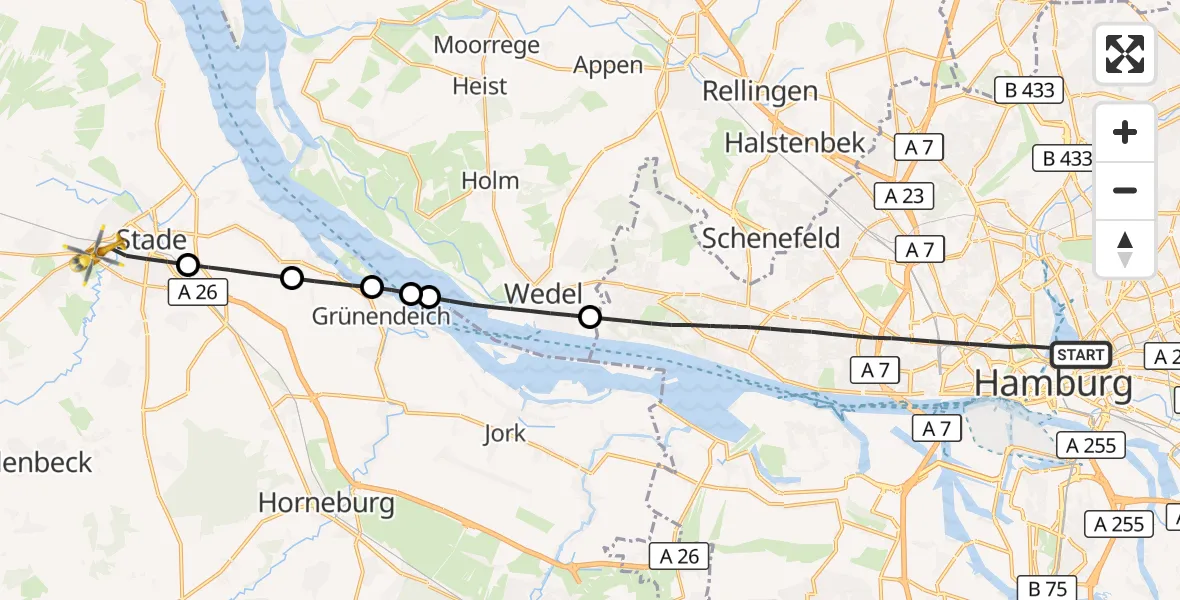 Flugroute Ambulanzhubschrauber Hamburg - Stade, 24 Juli 2026, 09:17