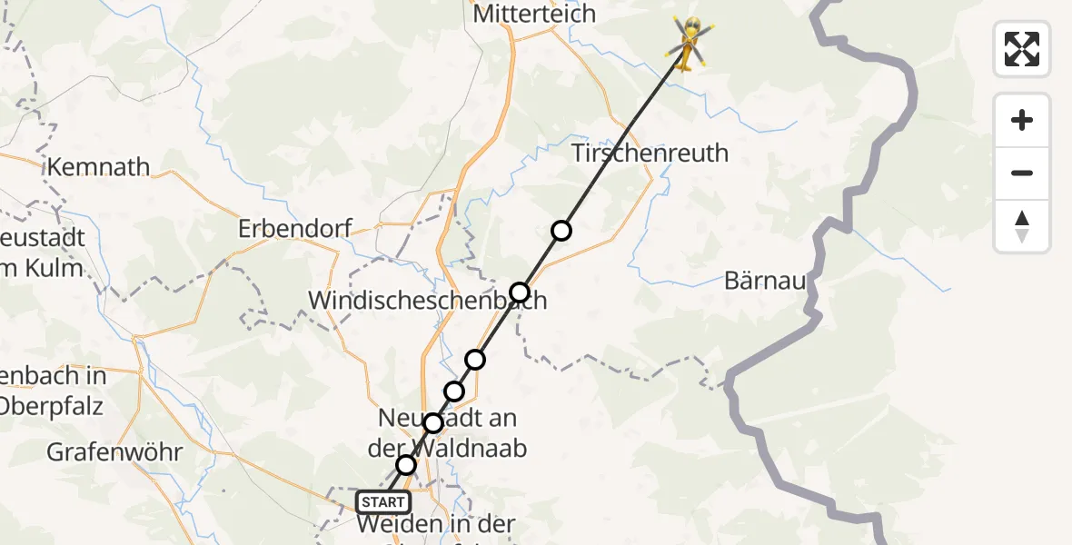 Flugroute Ambulanzhubschrauber Weiden i.d.OPf. - Tirschenreuth, 24 Juli 2026, 09:18