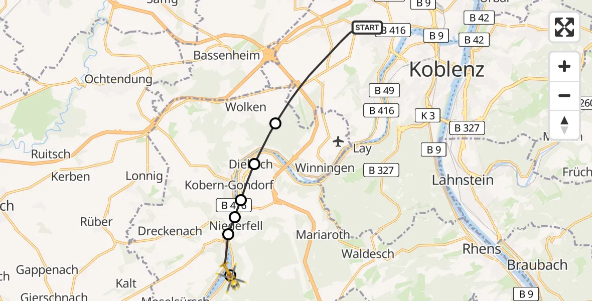 Flugroute Rettungshubschrauber Koblenz - Niederfell, 24 Juli 2026, 09:20