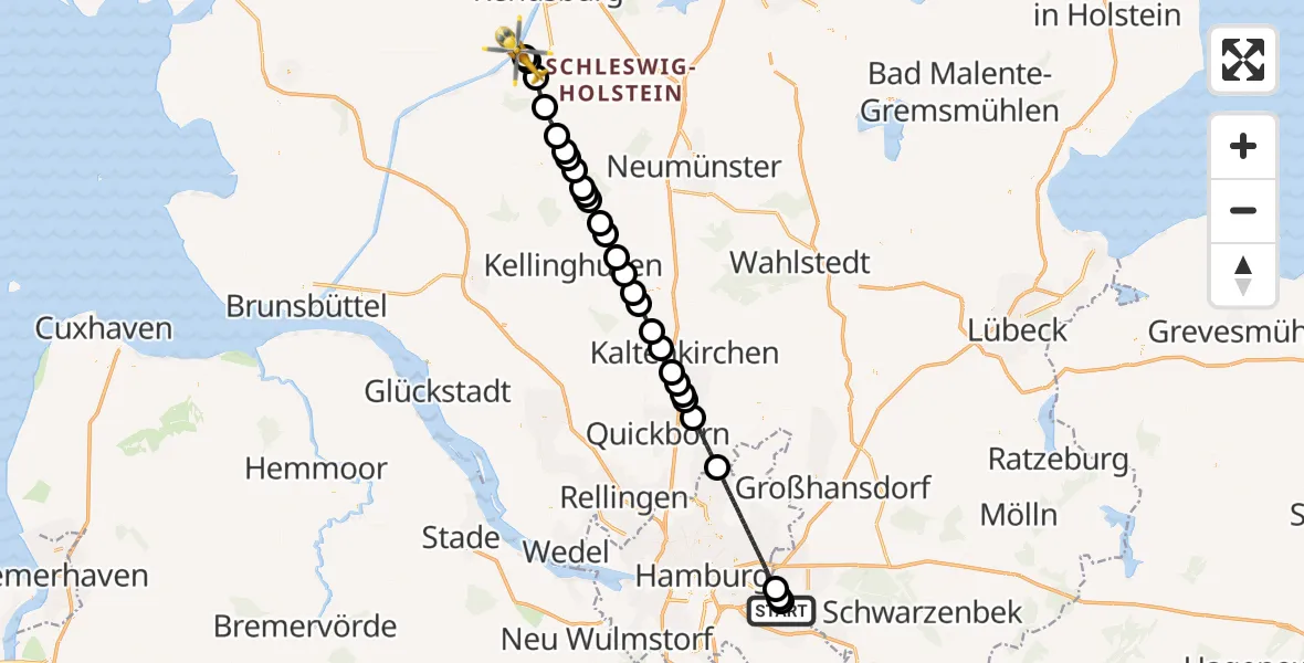 Flugroute Ambulanzhubschrauber Christoph Hansa ADAC Hubschrauberlandeplatz - Hörsten, 24 Juli 2026, 09:20