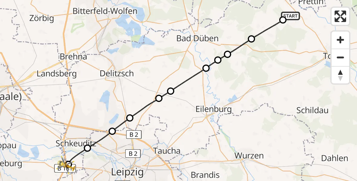 Flugroute Rettungshubschrauber Dommitzsch - ADAC Air Rescue Station Leipzig/Schkeuditz-Dölzig Hubschrauberlandeplatz (Christoph 61), 24 Juli 2026, 09:25