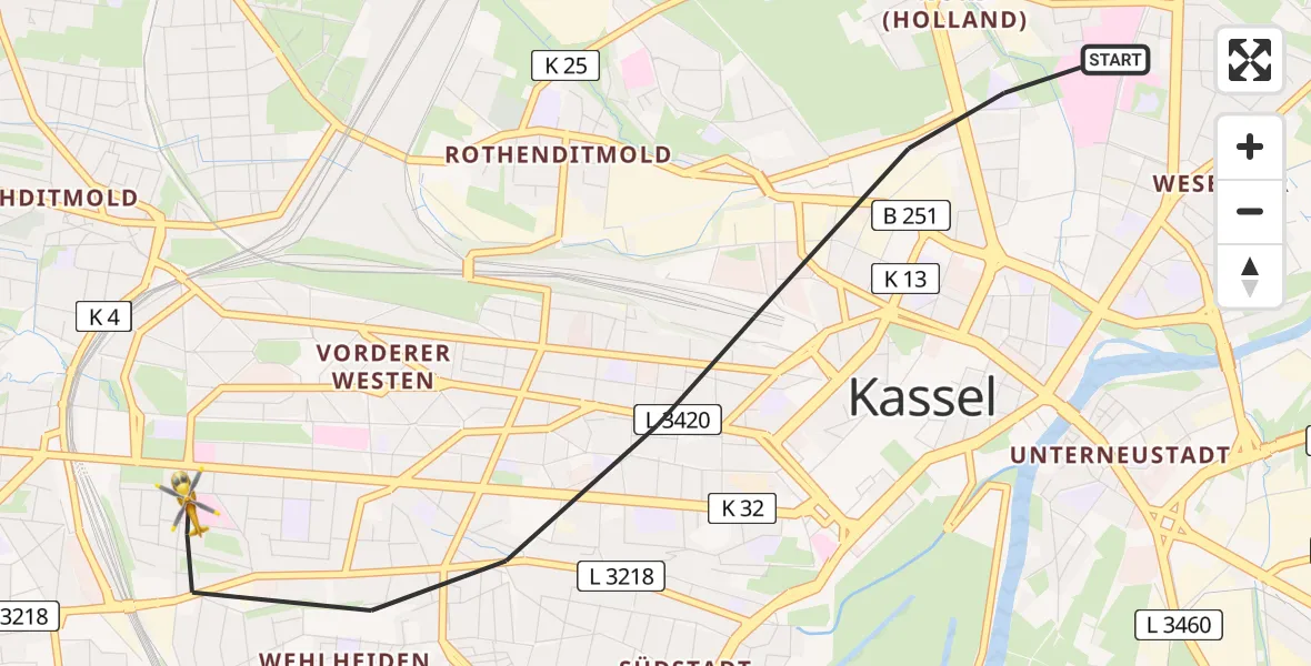 Flugroute Rettungshubschrauber Kassel - Kassel, 24 Juli 2026, 09:26