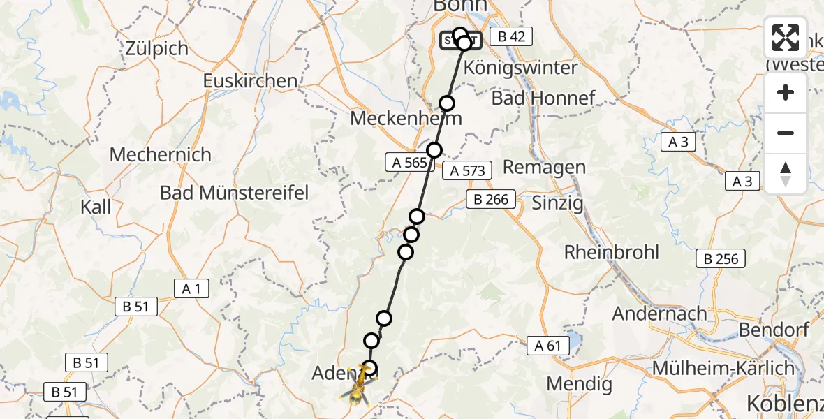 Flugroute Ambulanzhubschrauber Bonn University Hospital - Adenau, 24 Juli 2026, 09:27